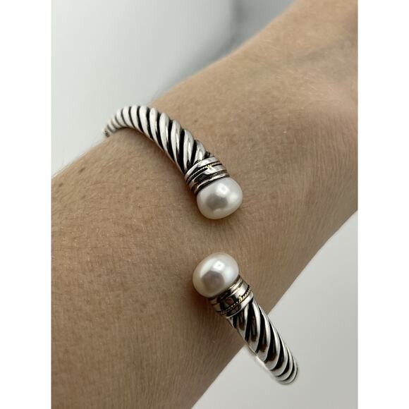 EFFY Sterling Silver 18k Yellow Gold Twisted Pearl Hinged Cuff Bracelet - Picture 3 of 16